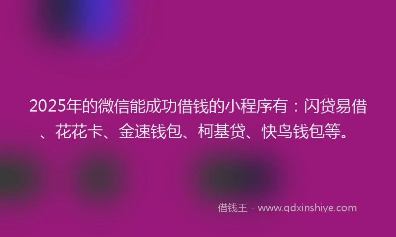 2025年的微信能成功借钱的小程序有：闪贷易借、花花卡、金速钱包、柯基贷、快鸟钱包等。