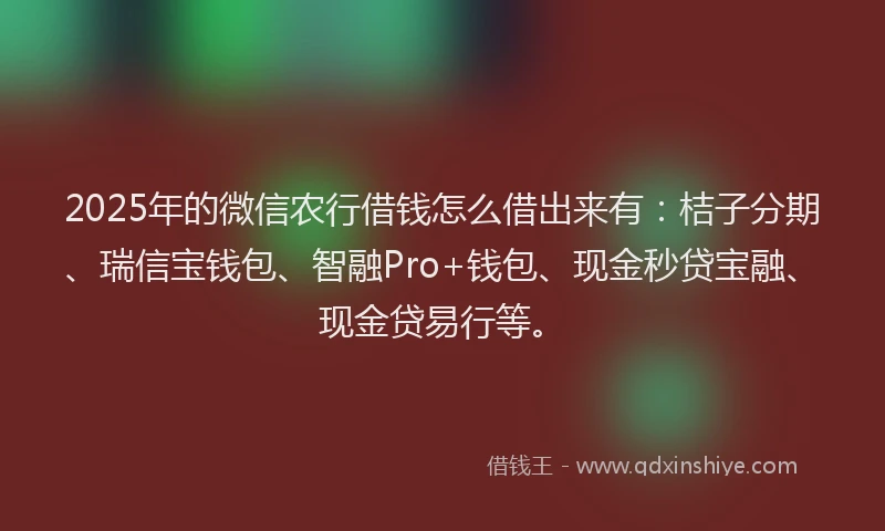2025年的微信农行借钱怎么借出来有：桔子分期、瑞信宝钱包、智融Pro+钱包、现金秒贷宝融、现金贷易行等。