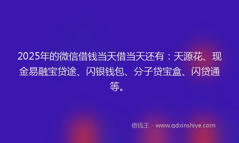 2025年的微信借钱当天借当天还有：天源花、现金易融宝贷途、闪银钱包、分子贷宝盒、闪贷通等。
