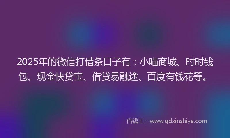 2025年的微信打借条口子有：小喵商城、时时钱包、现金快贷宝、借贷易融途、百度有钱花等。