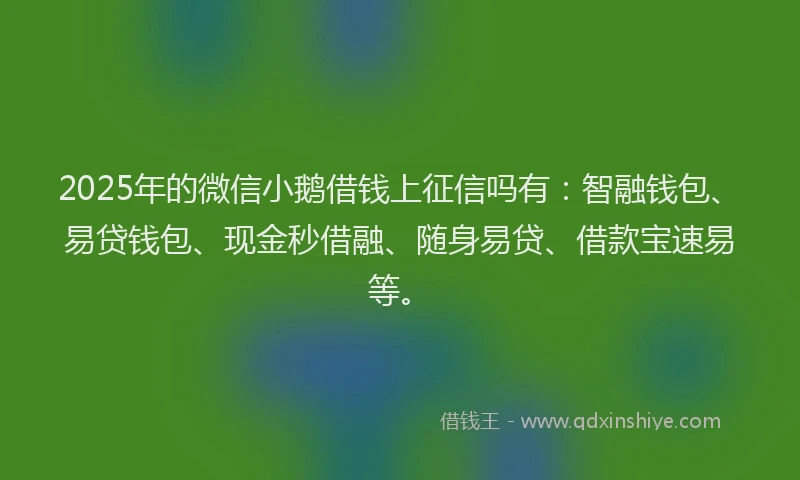2025年的微信小鹅借钱上征信吗有：智融钱包、易贷钱包、现金秒借融、随身易贷、借款宝速易等。