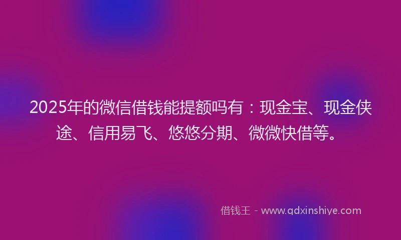 2025年的微信借钱能提额吗有：现金宝、现金侠途、信用易飞、悠悠分期、微微快借等。
