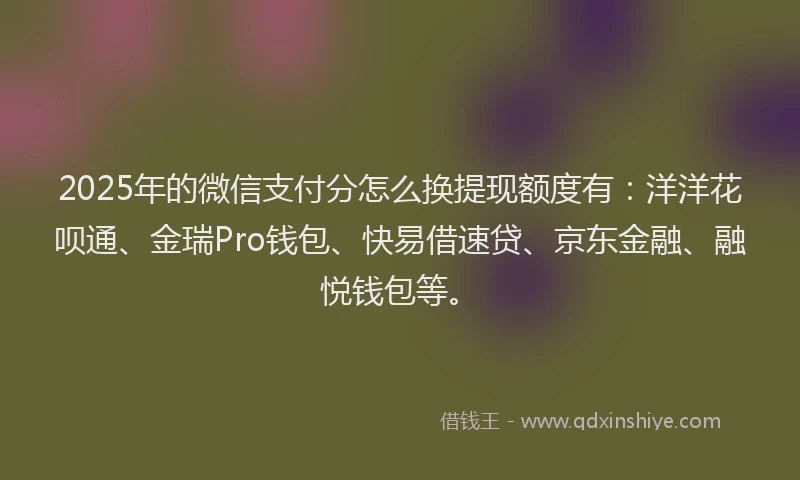 2025年的微信支付分怎么换提现额度有：洋洋花呗通、金瑞Pro钱包、快易借速贷、京东金融、融悦钱包等。
