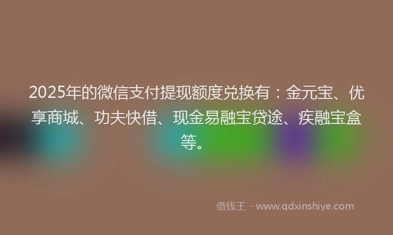 2025年的微信支付提现额度兑换有：金元宝、优享商城、功夫快借、现金易融宝贷途、疾融宝盒等。
