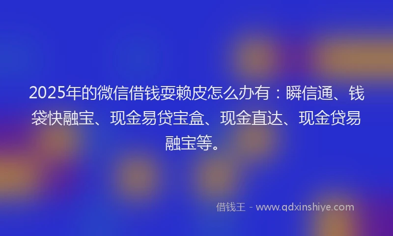 2025年的微信借钱耍赖皮怎么办有：瞬信通、钱袋快融宝、现金易贷宝盒、现金直达、现金贷易融宝等。