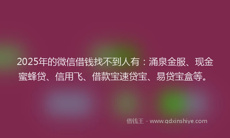 2025年的微信借钱找不到人有：涌泉金服、现金蜜蜂贷、信用飞、借款宝速贷宝、易贷宝盒等。