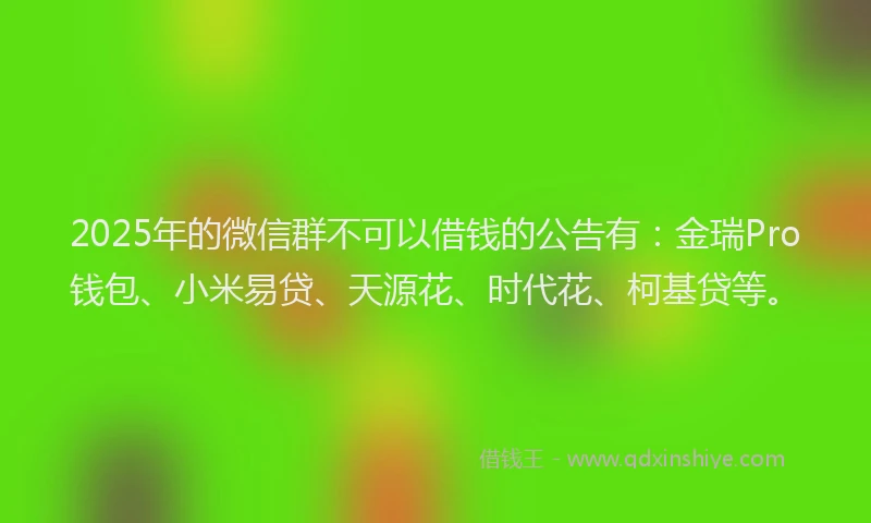 2025年的微信群不可以借钱的公告有：金瑞Pro钱包、小米易贷、天源花、时代花、柯基贷等。