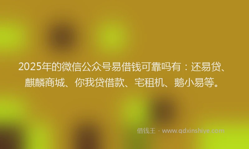 2025年的微信公众号易借钱可靠吗有：还易贷、麒麟商城、你我贷借款、宅租机、鹅小易等。
