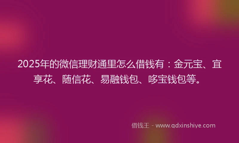 2025年的微信理财通里怎么借钱有：金元宝、宜享花、随信花、易融钱包、哆宝钱包等。