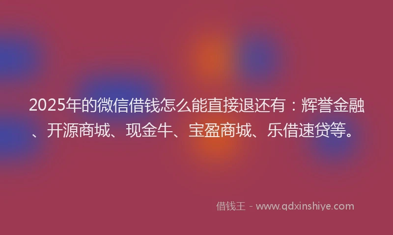 2025年的微信借钱怎么能直接退还有：辉誉金融、开源商城、现金牛、宝盈商城、乐借速贷等。