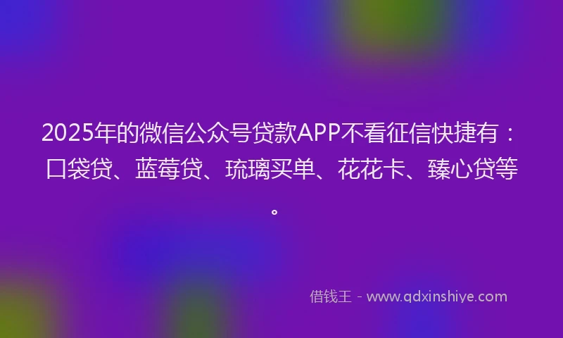 2025年的微信公众号贷款APP不看征信快捷有：口袋贷、蓝莓贷、琉璃买单、花花卡、臻心贷等。