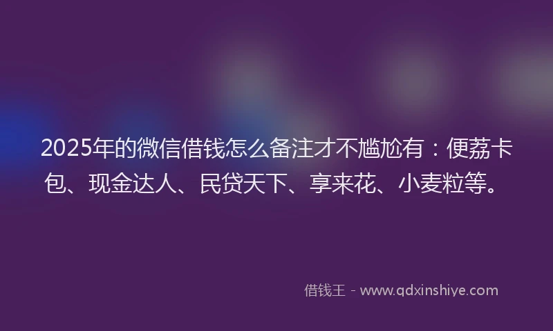 2025年的微信借钱怎么备注才不尴尬有：便荔卡包、现金达人、民贷天下、享来花、小麦粒等。