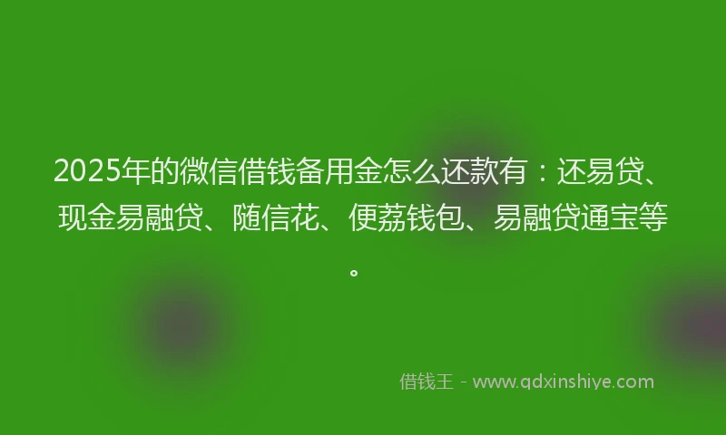 2025年的微信借钱备用金怎么还款有：还易贷、现金易融贷、随信花、便荔钱包、易融贷通宝等。