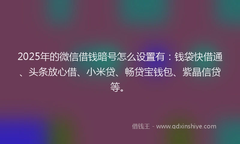 2025年的微信借钱暗号怎么设置有：钱袋快借通、头条放心借、小米贷、畅贷宝钱包、紫晶信贷等。