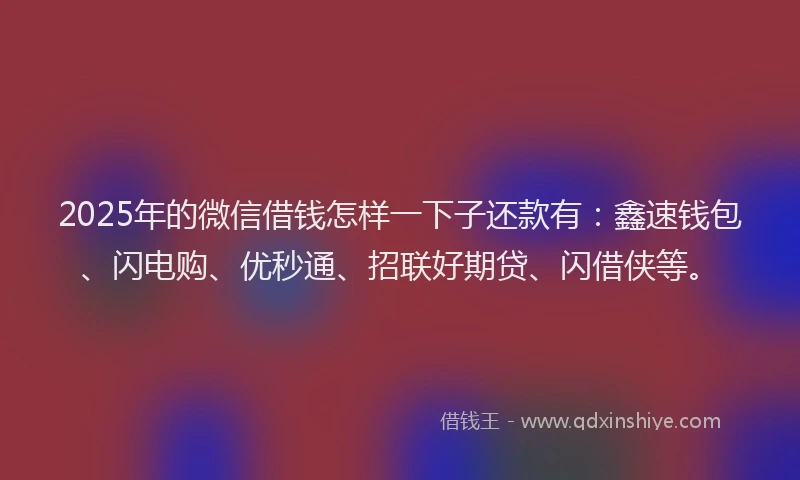 2025年的微信借钱怎样一下子还款有：鑫速钱包、闪电购、优秒通、招联好期贷、闪借侠等。