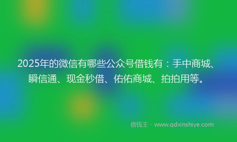 2025年的微信有哪些公众号借钱有：手中商城、瞬信通、现金秒借、佑佑商城、拍拍用等。