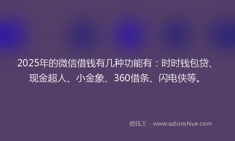 2025年的微信借钱有几种功能有：时时钱包贷、现金超人、小金象、360借条、闪电侠等。
