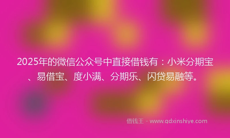 2025年的微信公众号中直接借钱有：小米分期宝、易借宝、度小满、分期乐、闪贷易融等。