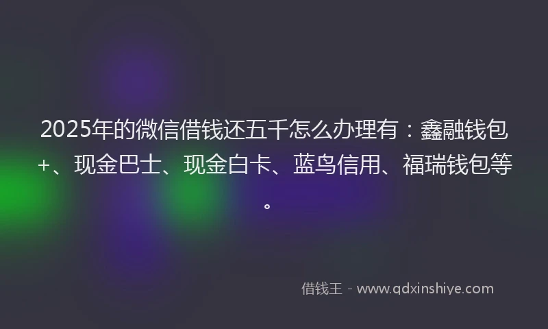 2025年的微信借钱还五千怎么办理有：鑫融钱包+、现金巴士、现金白卡、蓝鸟信用、福瑞钱包等。