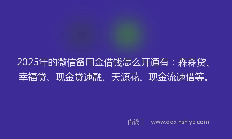 2025年的微信备用金借钱怎么开通有：森森贷、幸福贷、现金贷速融、天源花、现金流速借等。