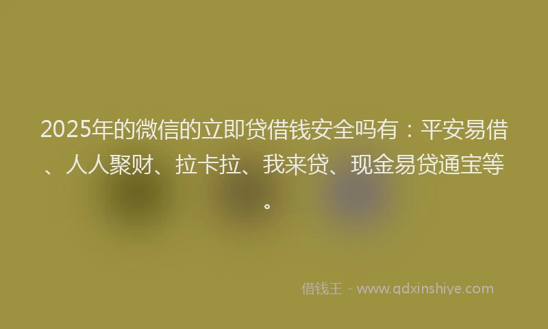 2025年的微信的立即贷借钱安全吗有：平安易借、人人聚财、拉卡拉、我来贷、现金易贷通宝等。
