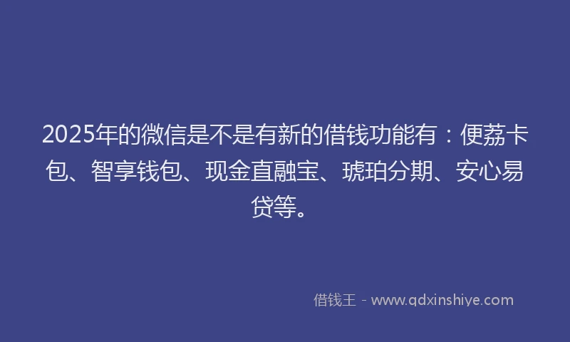 2025年的微信是不是有新的借钱功能有：便荔卡包、智享钱包、现金直融宝、琥珀分期、安心易贷等。