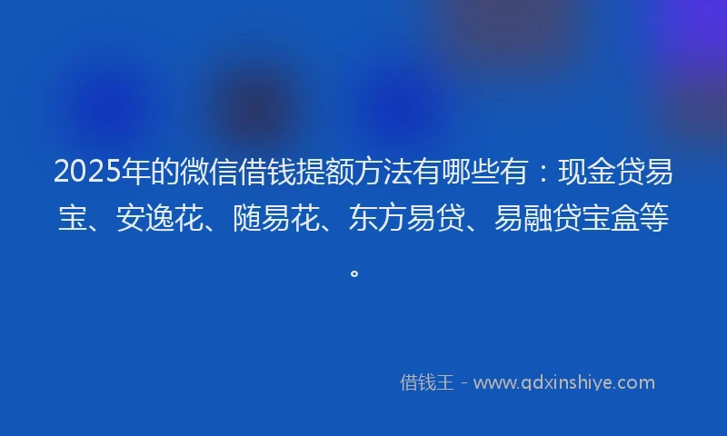 2025年的微信借钱提额方法有哪些有：现金贷易宝、安逸花、随易花、东方易贷、易融贷宝盒等。