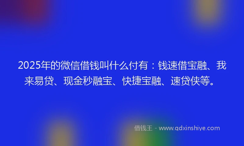 2025年的微信借钱叫什么付有：钱速借宝融、我来易贷、现金秒融宝、快捷宝融、速贷侠等。