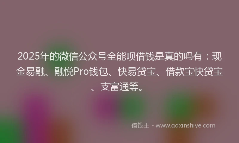2025年的微信公众号全能呗借钱是真的吗有：现金易融、融悦Pro钱包、快易贷宝、借款宝快贷宝、支富通等。