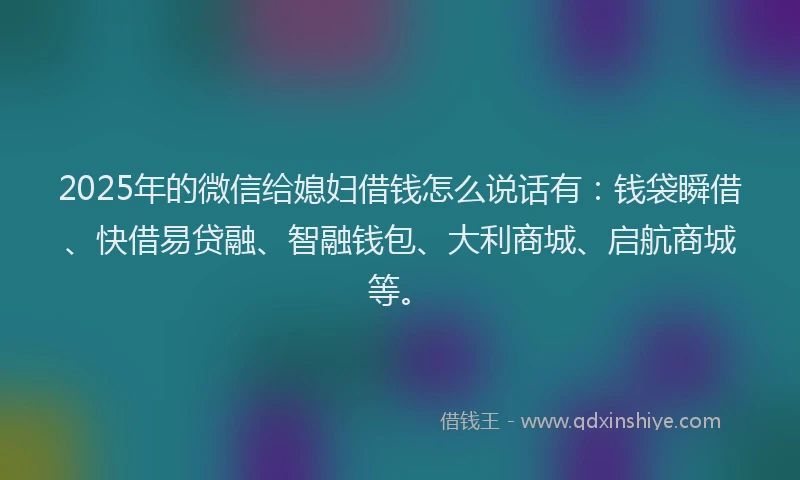 2025年的微信给媳妇借钱怎么说话有：钱袋瞬借、快借易贷融、智融钱包、大利商城、启航商城等。