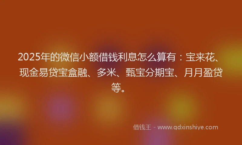 2025年的微信小额借钱利息怎么算有：宝来花、现金易贷宝盒融、多米、甄宝分期宝、月月盈贷等。