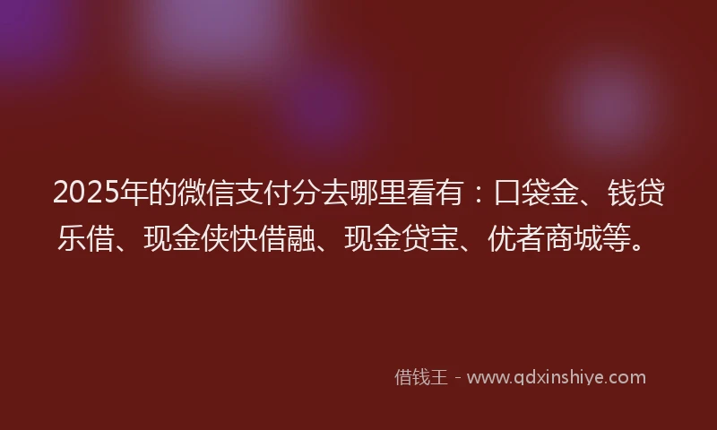 2025年的微信支付分去哪里看有：口袋金、钱贷乐借、现金侠快借融、现金贷宝、优者商城等。
