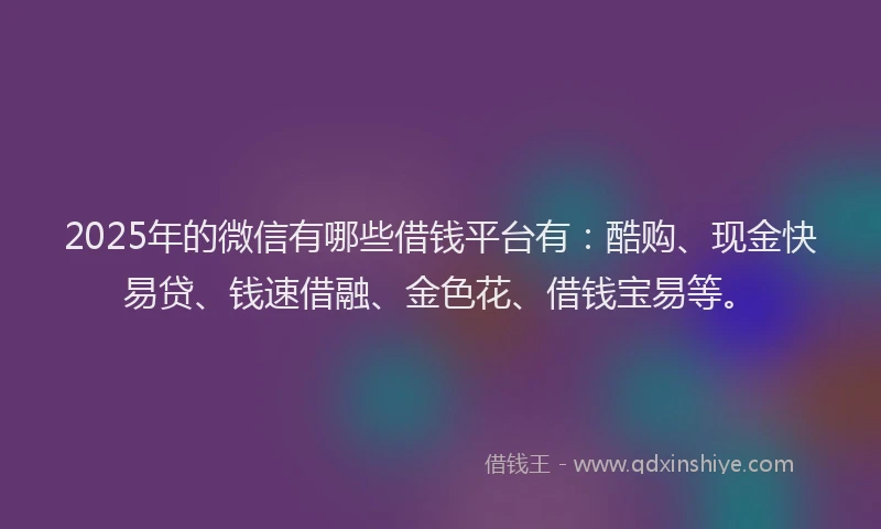 2025年的微信有哪些借钱平台有：酷购、现金快易贷、钱速借融、金色花、借钱宝易等。
