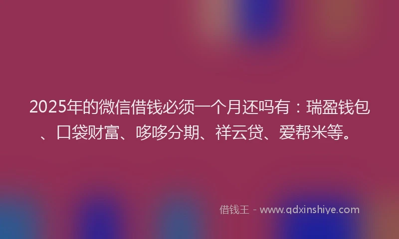 2025年的微信借钱必须一个月还吗有：瑞盈钱包、口袋财富、哆哆分期、祥云贷、爱帮米等。