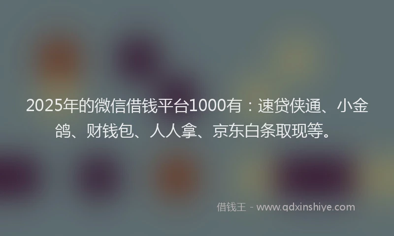 2025年的微信借钱平台1000有：速贷侠通、小金鸽、财钱包、人人拿、京东白条取现等。