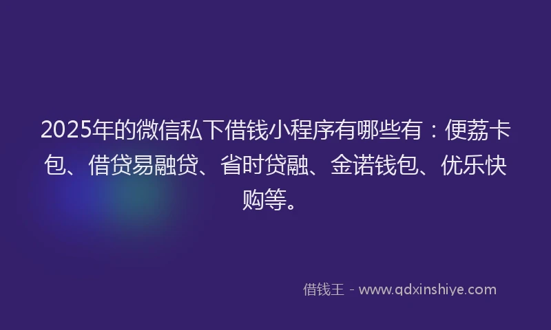 2025年的微信私下借钱小程序有哪些有：便荔卡包、借贷易融贷、省时贷融、金诺钱包、优乐快购等。