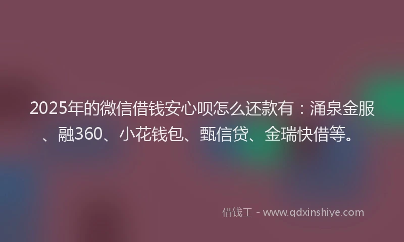 2025年的微信借钱安心呗怎么还款有：涌泉金服、融360、小花钱包、甄信贷、金瑞快借等。