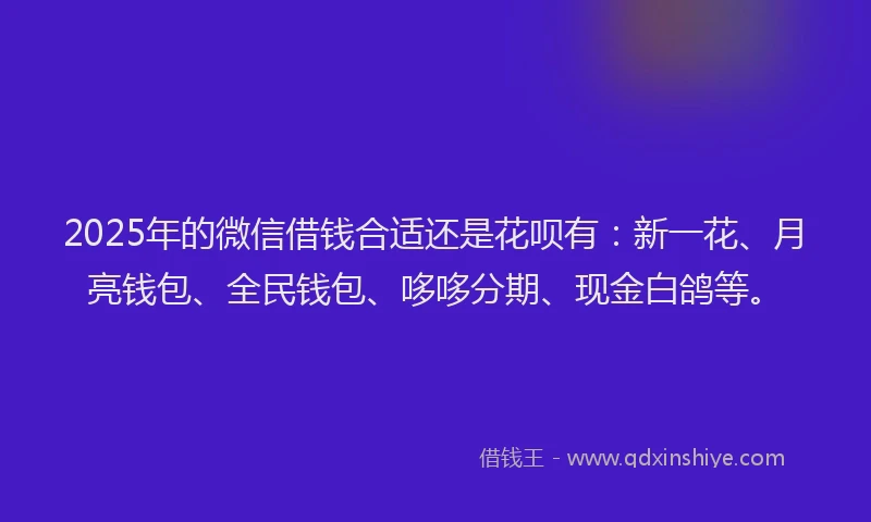 2025年的微信借钱合适还是花呗有：新一花、月亮钱包、全民钱包、哆哆分期、现金白鸽等。