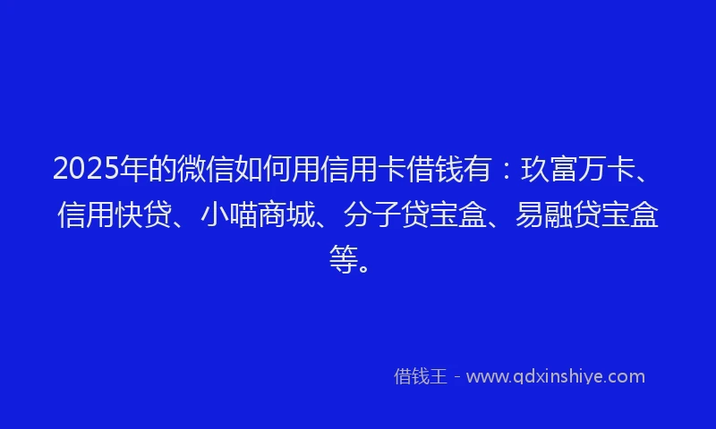 2025年的微信如何用信用卡借钱有：玖富万卡、信用快贷、小喵商城、分子贷宝盒、易融贷宝盒等。