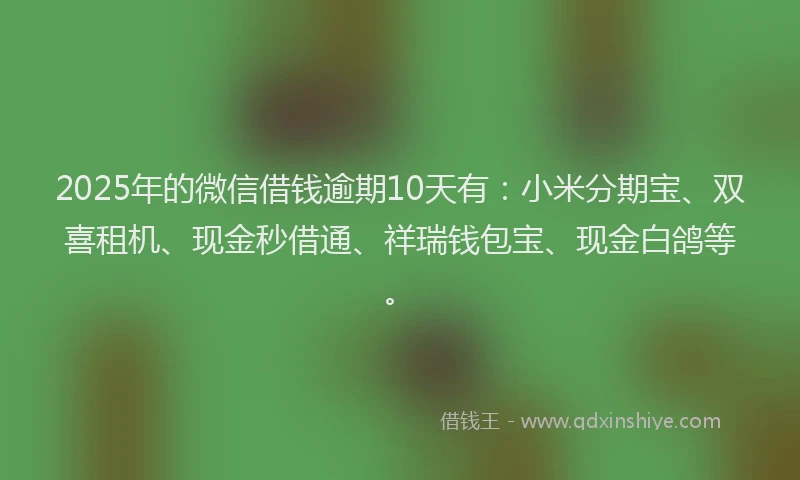 2025年的微信借钱逾期10天有：小米分期宝、双喜租机、现金秒借通、祥瑞钱包宝、现金白鸽等。