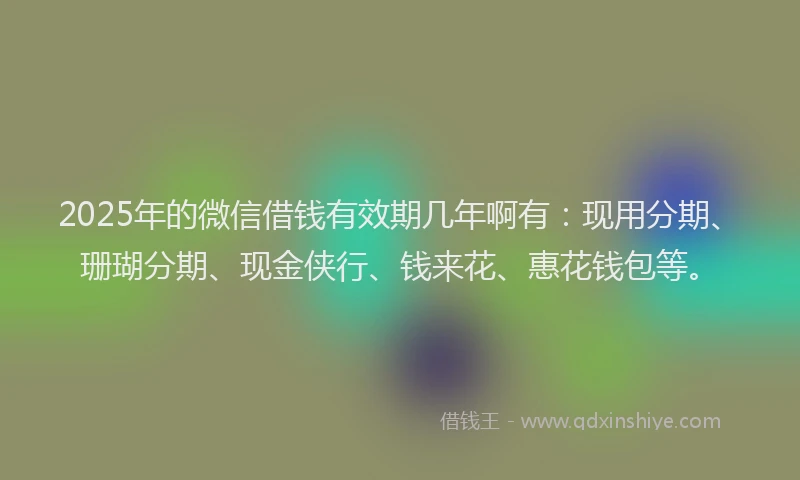2025年的微信借钱有效期几年啊有：现用分期、珊瑚分期、现金侠行、钱来花、惠花钱包等。