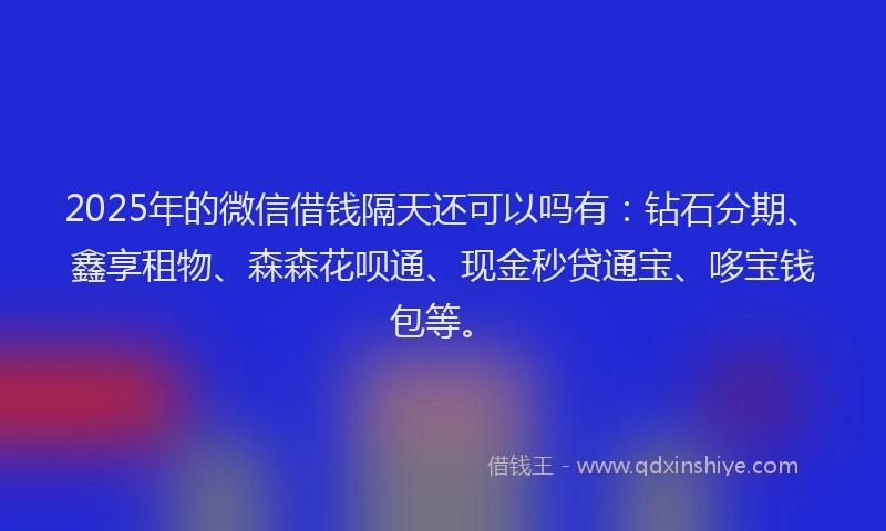 2025年的微信借钱隔天还可以吗有：钻石分期、鑫享租物、森森花呗通、现金秒贷通宝、哆宝钱包等。