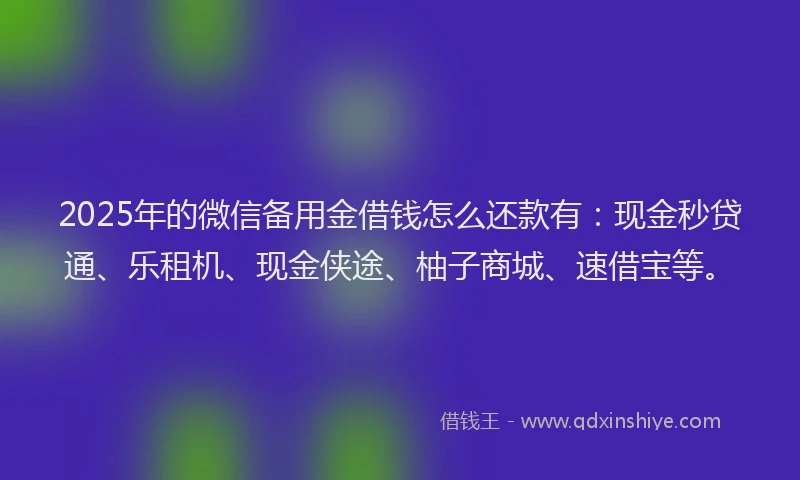 2025年的微信备用金借钱怎么还款有：现金秒贷通、乐租机、现金侠途、柚子商城、速借宝等。