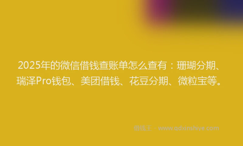 2025年的微信借钱查账单怎么查有：珊瑚分期、瑞泽Pro钱包、美团借钱、花豆分期、微粒宝等。