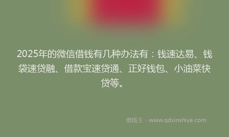 2025年的微信借钱有几种办法有：钱速达易、钱袋速贷融、借款宝速贷通、正好钱包、小油菜快贷等。