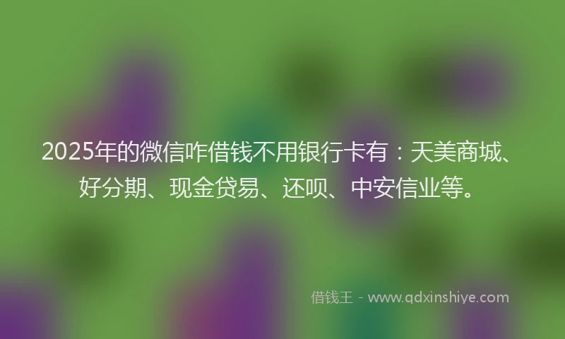 2025年的微信咋借钱不用银行卡有：天美商城、好分期、现金贷易、还呗、中安信业等。