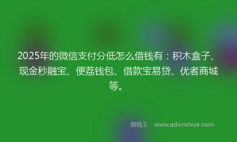 2025年的微信支付分低怎么借钱有：积木盒子、现金秒融宝、便荔钱包、借款宝易贷、优者商城等。
