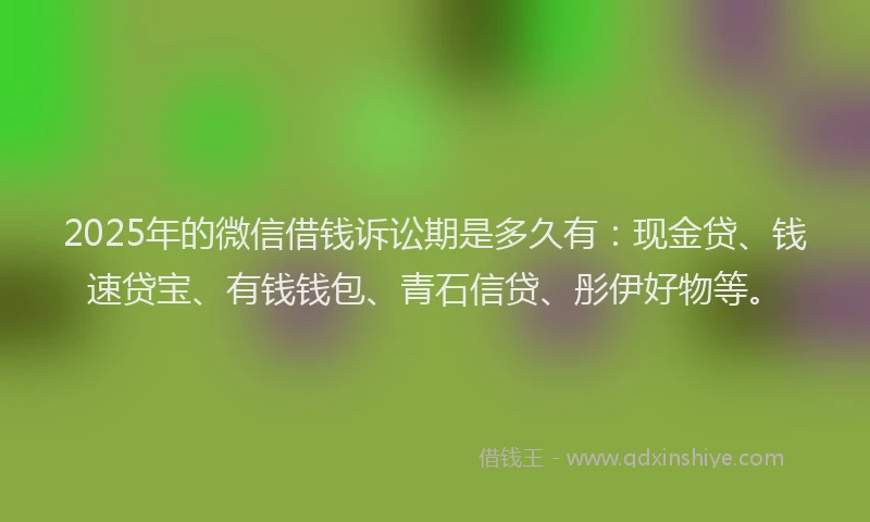 2025年的微信借钱诉讼期是多久有：现金贷、钱速贷宝、有钱钱包、青石信贷、彤伊好物等。