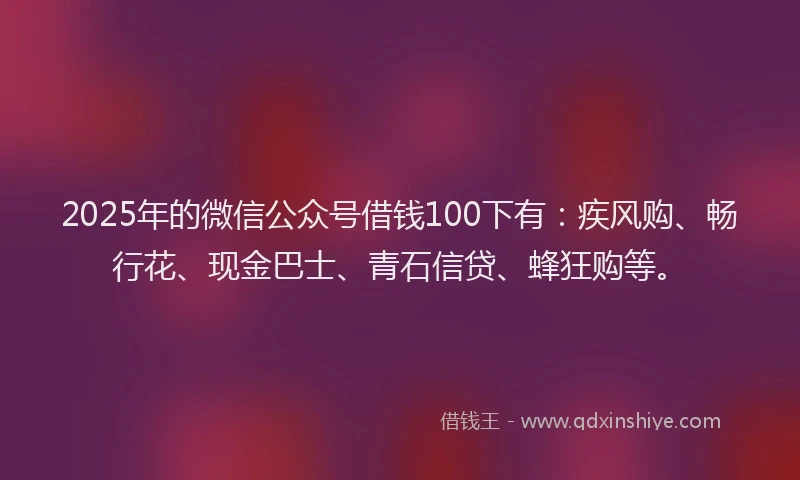 2025年的微信公众号借钱100下有：疾风购、畅行花、现金巴士、青石信贷、蜂狂购等。