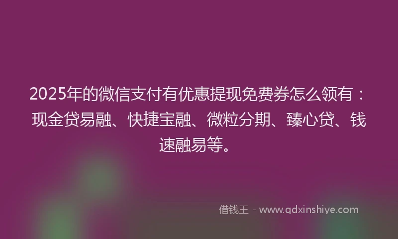 2025年的微信支付有优惠提现免费券怎么领有：现金贷易融、快捷宝融、微粒分期、臻心贷、钱速融易等。